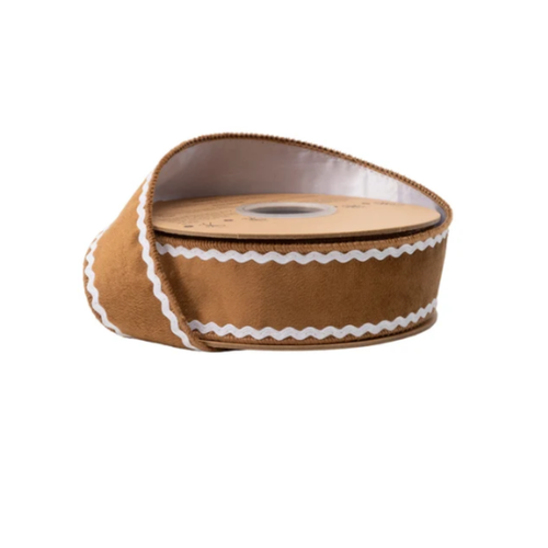 1 1/2" Wired Velvet Ribbon | Gingerbread w/ White Backing | 10 Yard Roll