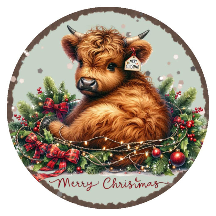 10 Baby Highland Cow Merry Christmas Sign, Wreath Sign, Metal Sign, Home Decor