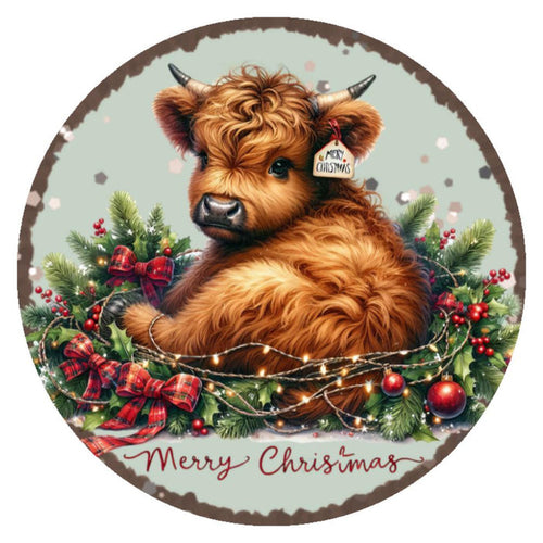10 Baby Highland Cow Merry Christmas Sign, Wreath Sign, Metal Sign, Home Decor