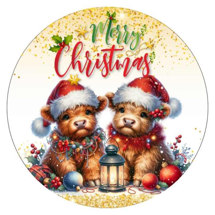 10 Baby Highland Cows Deck Merry Christmas Sign, Wreath Sign, Metal Sign, Home Decor