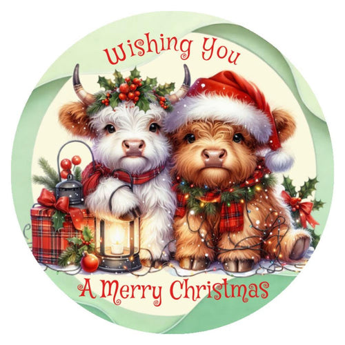 10 Baby Highland Cows Wishing Merry Christmas Sign, Wreath Sign, Metal Sign, Home Decor