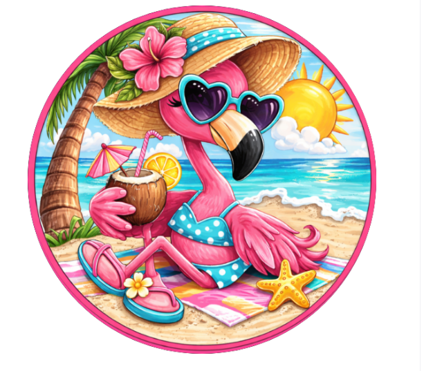 10" Beach Flamingo Wreath Sign, Metal Wreath Sign, Home Decor, Summer Sign