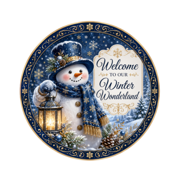 10" Blue Snowman Winter Wonderland Sign, Metal Wreath Sign, Home Decor