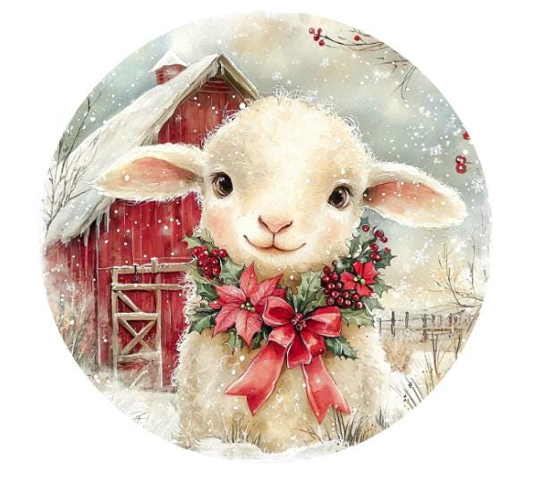 10 Christmas Barn Lamb Wreath Sign, Metal Wreath Sign, Home Decor, Winter Sign