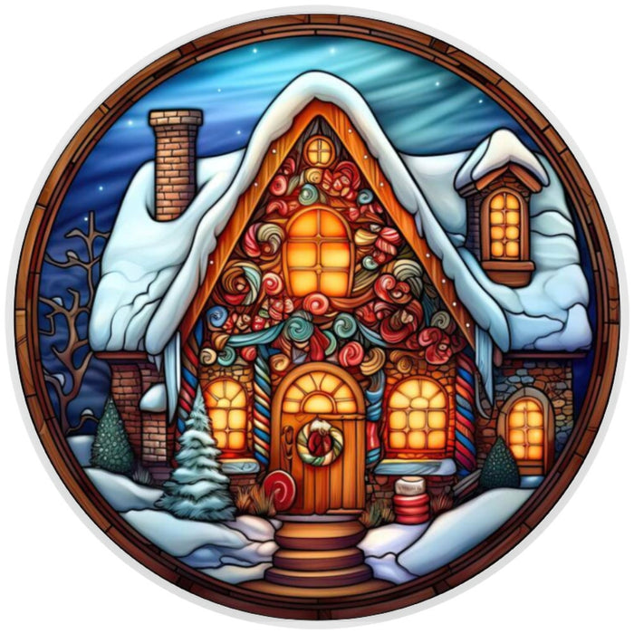 10 Christmas Candy House Stained Glass Look Wreath Sign, Metal Wreath Sign, Home Decor