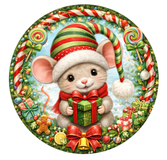 10" Christmas Mouse Sign, Metal Wreath Sign, Home Decor, DIY Wreath Supply