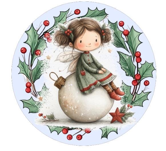 10 Christmas Ornament Holly Fairy Wreath Sign, Metal Wreath Sign, Home Decor, Winter Sign