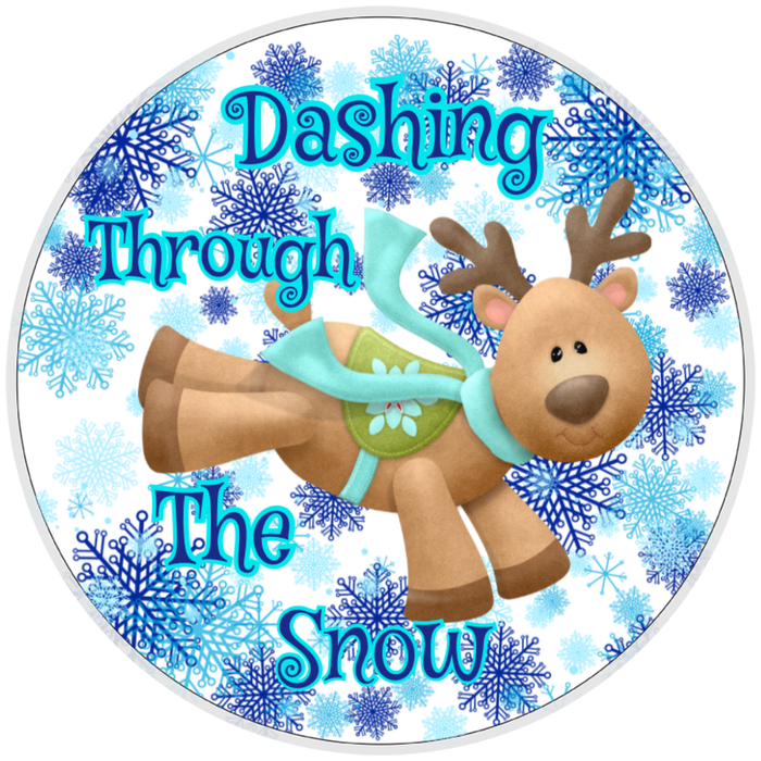 10” Dashing Through The Snow Reindeer Wreath Sign, Home Decor, Aluminum, The Ritzy Cactus