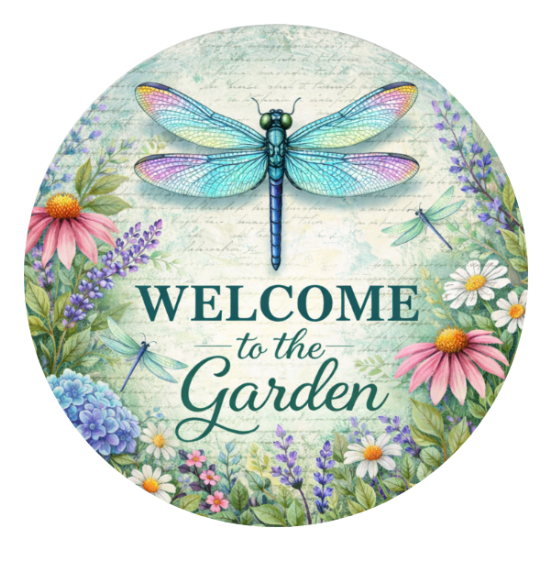 10" Dragonfly Garden Welcome Sign, Metal Wreath Sign, Home Decor, DIY Wreath Supply