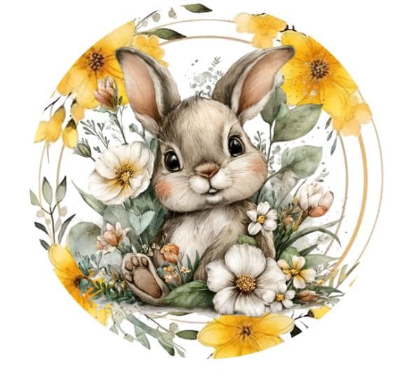 10 Easter Bunny Yellow Floral Wreath Sign,  Metal Wreath Sign, Home Decor, Spring Sign