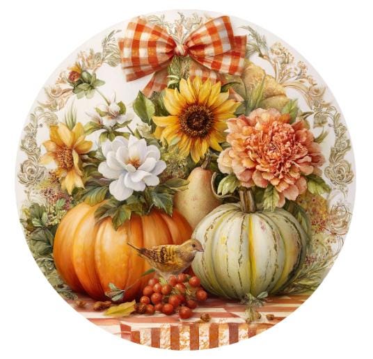 10  Fall Floral Farmhouse Pumpkin Sunflower Checked Bow Sign, Wreath Sign, Metal Sign, Home Decor
