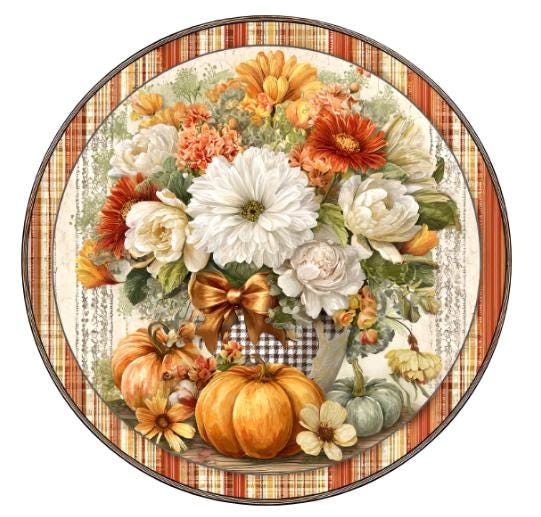 10  Fall Floral Pumpkin Rust Plaid Sign, Wreath Sign, Metal Sign, Home Decor