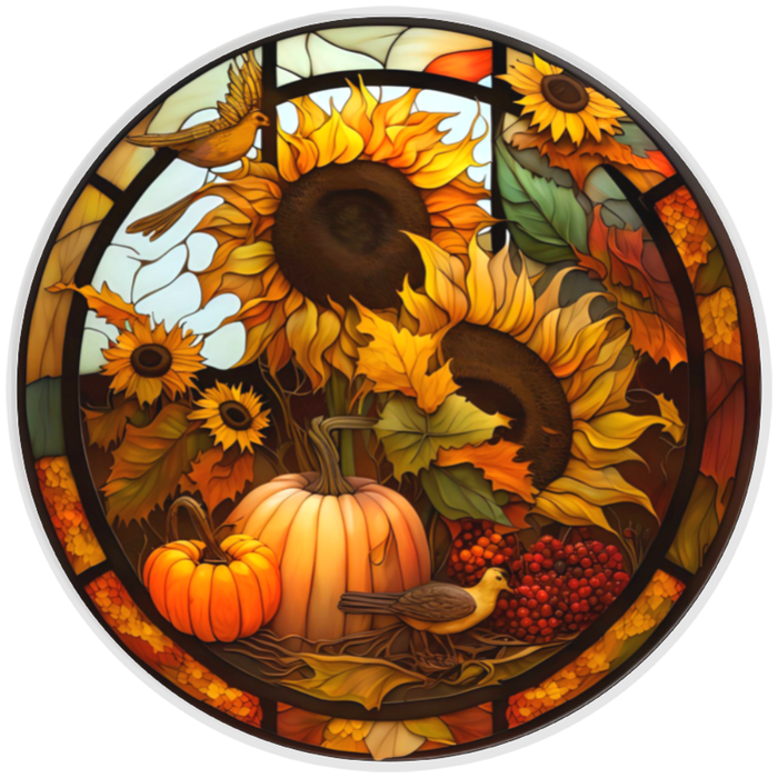 10” Fall Pumpkin Stained Glass Wreath Sign, Home Decor, Aluminum, The Ritzy Cactus