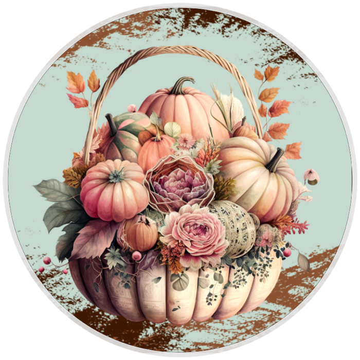 10” Fall Rustic Pumpkin Basket Wreath Sign, Home Decor, Aluminum, The Ritzy Cactus
