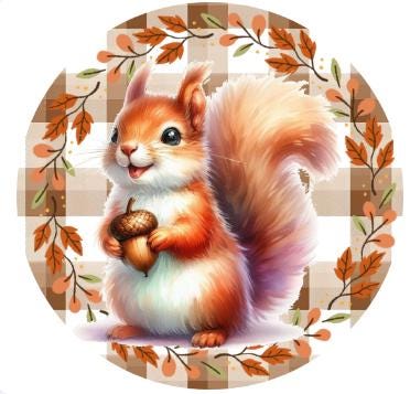 10 Fall Squirrel Checkered Sign, Autumn Wreath Sign, Metal Sign, Home Decor