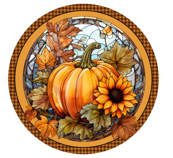 10  Fall Stained Glass Look Pumpkin Sunflower Sign, Wreath Sign, Metal Sign, Home Decor