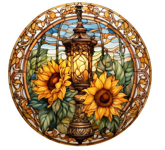 10  Fall Stained Glass Look Sunflower Lantern Sign, Wreath Sign, Metal Sign, Home Decor