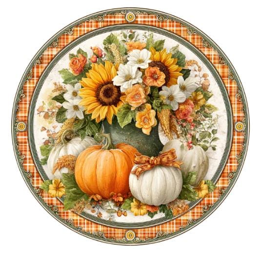 10 Farmhouse Fall Country Plaid Pumpkin Sign, Wreath Sign, Metal Sign, Home Decor