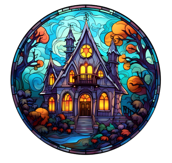 10”  Faux Stained Glass Look Halloween House Metal Sign, Wreath Sign, Metal Sign, Home Decor