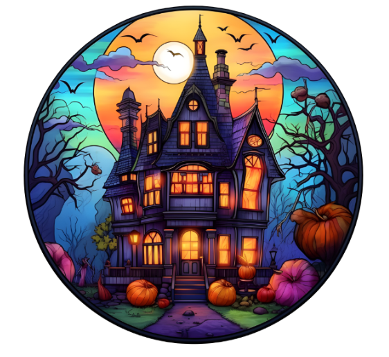 10”  Faux Stained Glass Look Spooky Halloween House Metal Sign, Wreath Sign, Metal Sign, Home Decor
