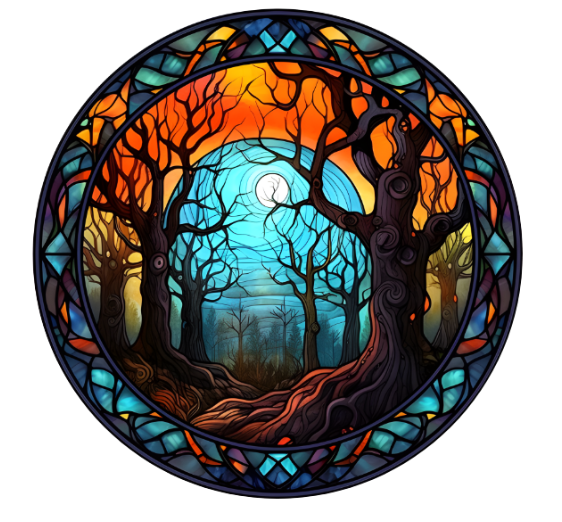 10”  Faux Stained Glass Look Spooky Woods Halloween Metal Sign, Wreath Sign, Metal Sign, Home Decor