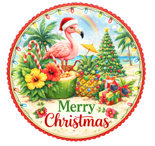 10" Flamingo Tropical Christmas Sign, Metal Wreath Sign, Home Decor, DIY Wreath Supply