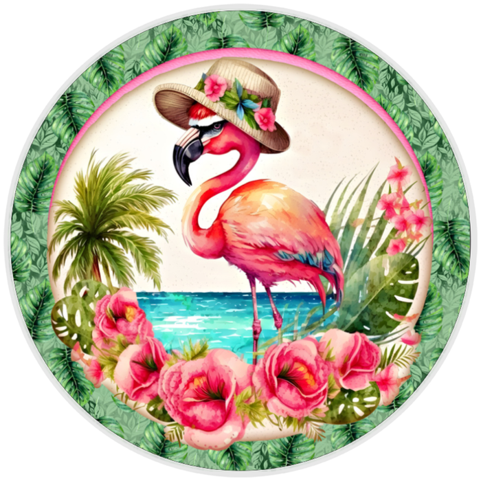 10” Flamingo Wreath Sign, Home Decor, Aluminum, The Ritzy Cactus
