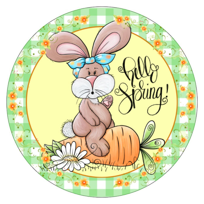10 Floral Checkered Hello Spring Bunny Sign, Metal Wreath Sign, Home Decor