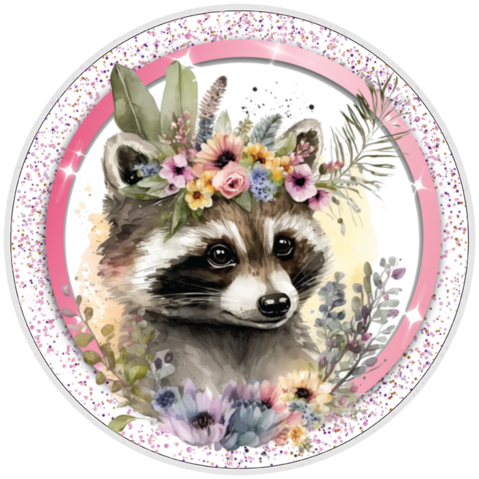 10” Floral Indian Raccoon Sign, Home Decor, Aluminum, The Ritzy Cactus