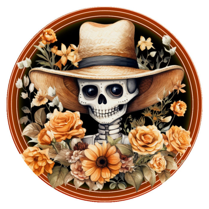 10 Floral Skeleton Floppy Hat Halloween  Sign, Wreath Sign, Metal Sign, Home Decor
