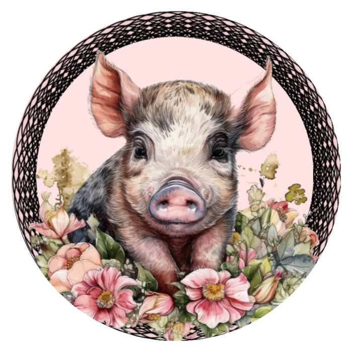 10 Floral Spotted Pig Wicker Print Sign, Metal Wreath Sign, Home Decor