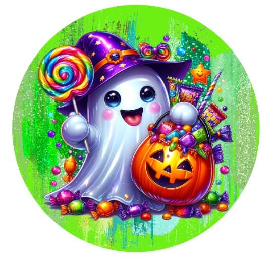 10" Ghost Candy Pumpkin Halloween Sign,  Wreath Sign, DIY Wreath Maker Sign, Metal Sign, Home Decor
