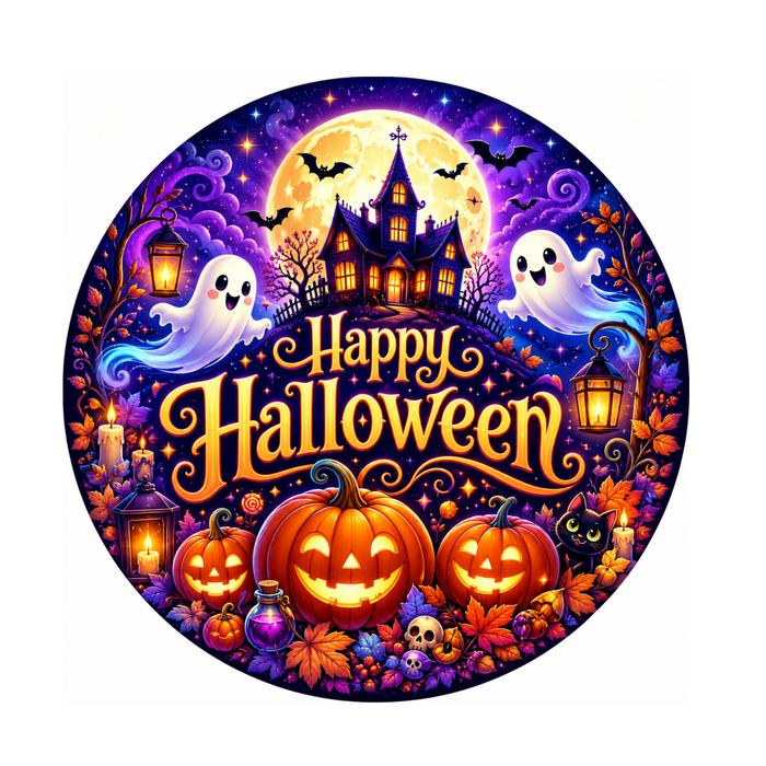 10" Ghost House Hlloween Sign, Metal Wreath Sign,  Halloween Sign Home Decor
