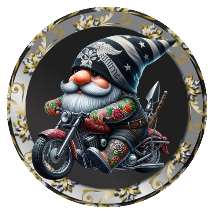 10 Gnome Biker Silver Sign, Metal Wreath Sign, Home Decor