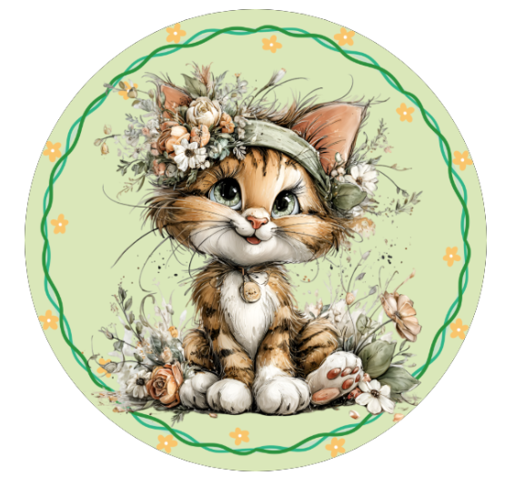 10”  Green Floral Cat Wreath Sign, Metal Wreath Sign, Home Decor, DIY, Wreathmaking