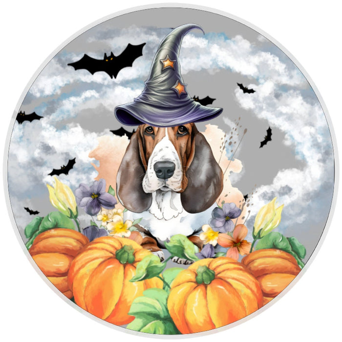 10 Halloween Basset Hound Witch Dog Sign, Metal Wreath Sign, Home Decor