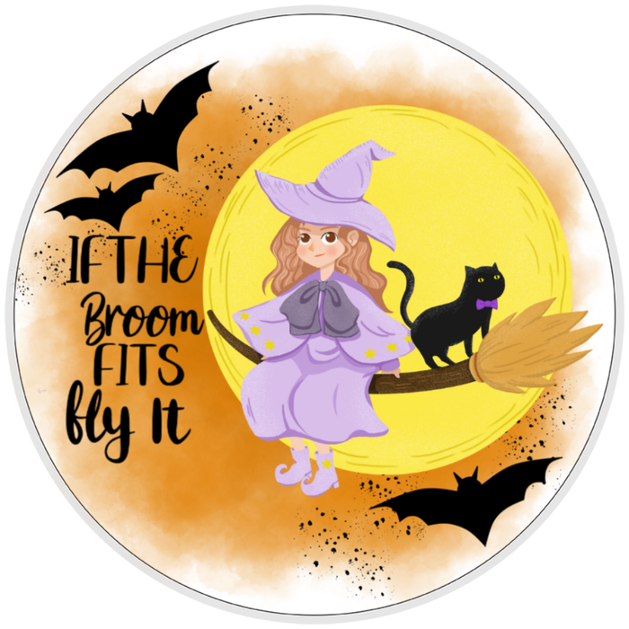 10” Halloween Witch Broom Wreath Sign, Home Decor, Aluminum, The Ritzy Cactus