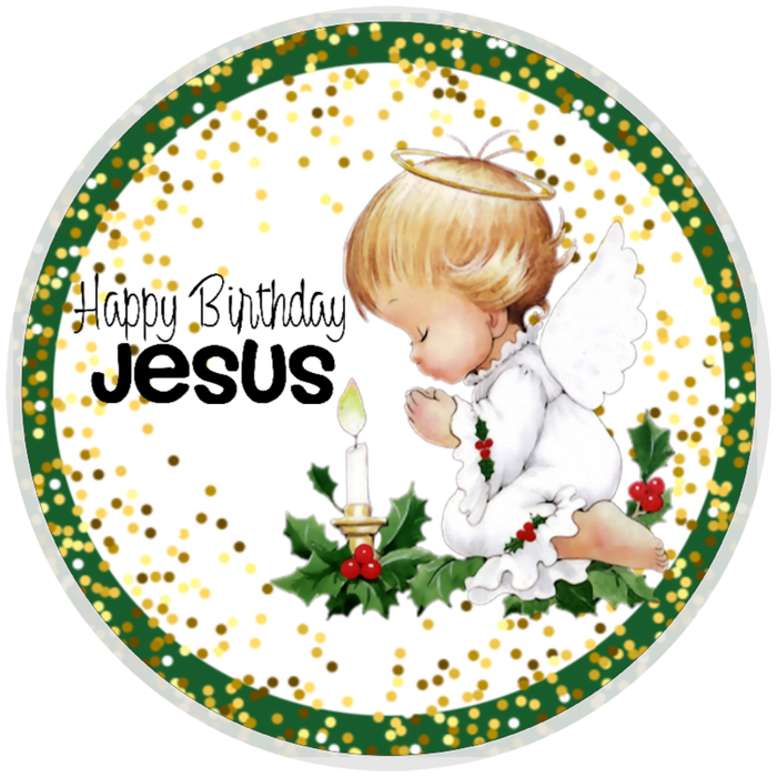 10” Happy Birthday Jesus Angel Sign, Home Decor, Aluminum, The Ritzy Cactus