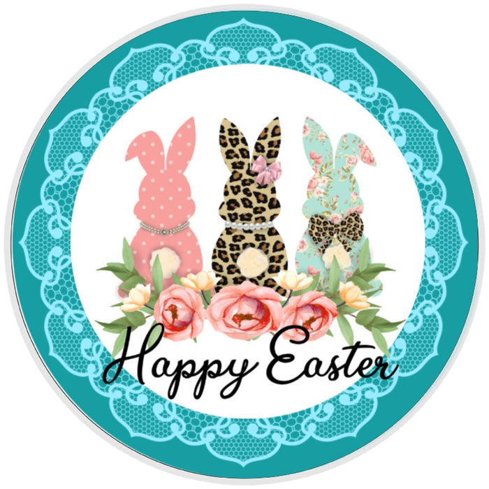 10 Happy Easter Leopard Lace Bunny Trio Sign, Metal Wreath Sign, Home Decor