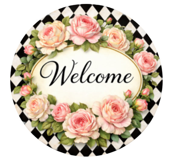 10" Harlequin Floral Welcome Wreath Sign, Metal Wreath Sign, Home Decor, Everyday Sign