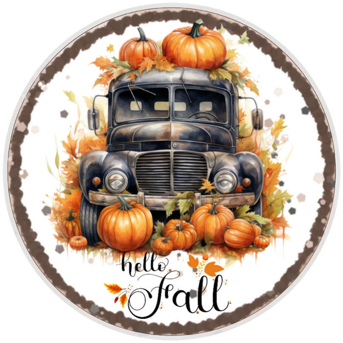 10 Hello Fall Pumpkin Truck Sign, Wreath Sign, Metal Sign, Home Decor