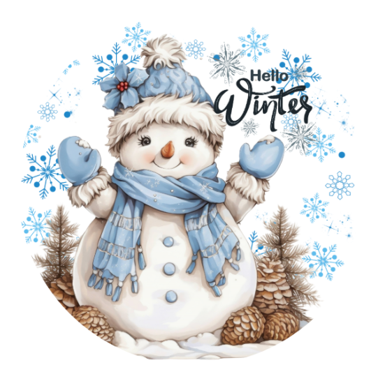 10” Hello Winter Blue Snowman Winter Sign, Metal Wreath Sign, Home Decor, Wreath Sign