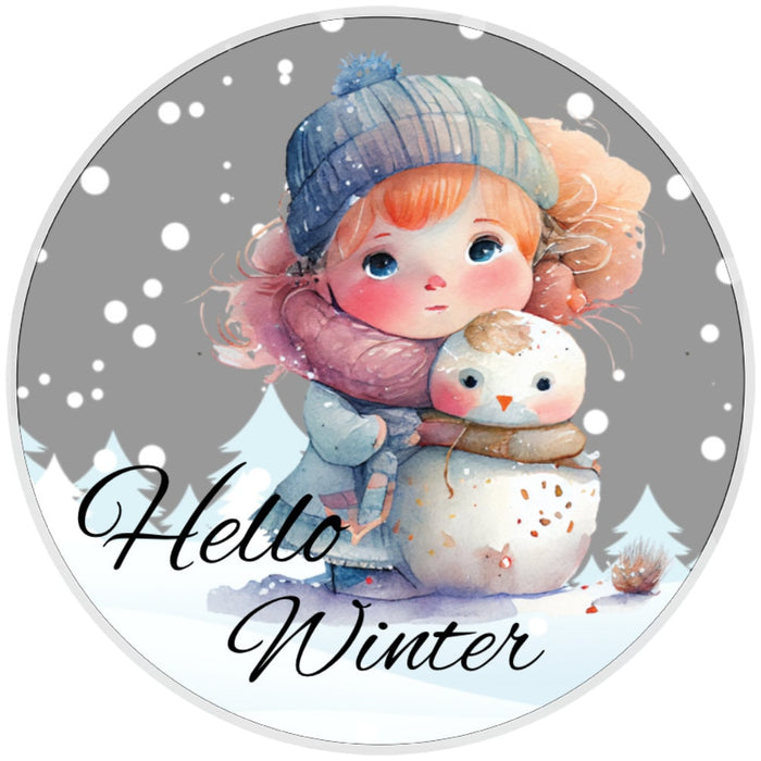 10 Hello Winter Snowman Liittle Girl Wreath Sign, Wreath Sign, Home Decor
