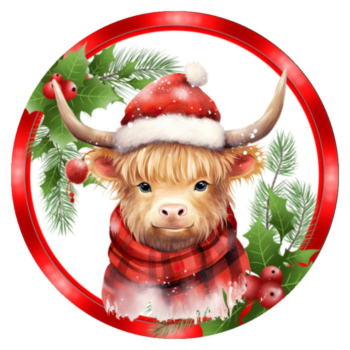 10 Highland Cow Holly Christmas Wreath Sign, Metal Wreath Sign, Home Decor