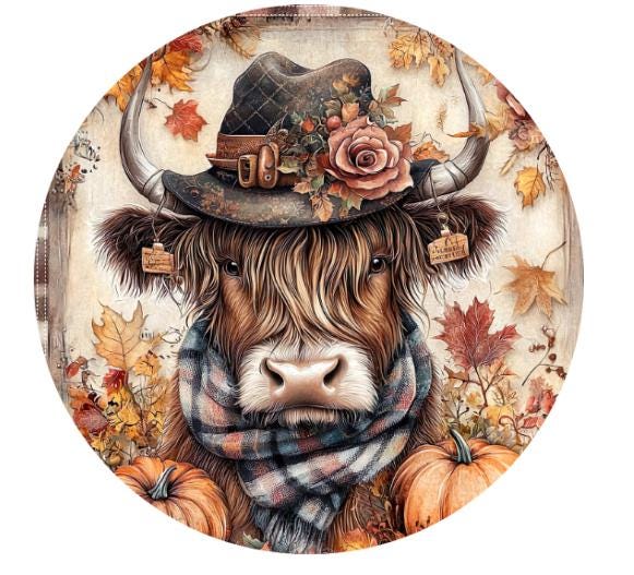 10 Highland Cow Rustic Rose Fall Wreath Sign, Wreath Sign, Metal Sign, Home Decor