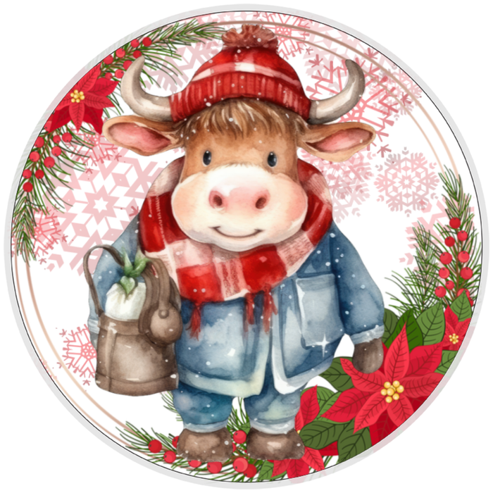 10” Highland Cow Winter Wreath  Sign, Home Decor, Aluminum, The Ritzy Cactus