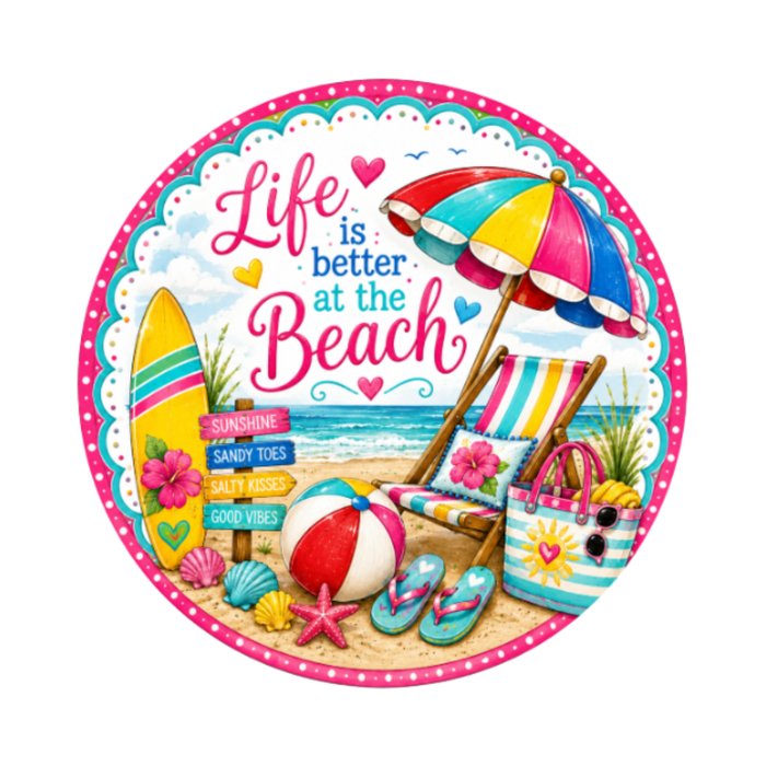 10" Life At the Beach Summer Sign, Metal Wreath Sign, Home Decor