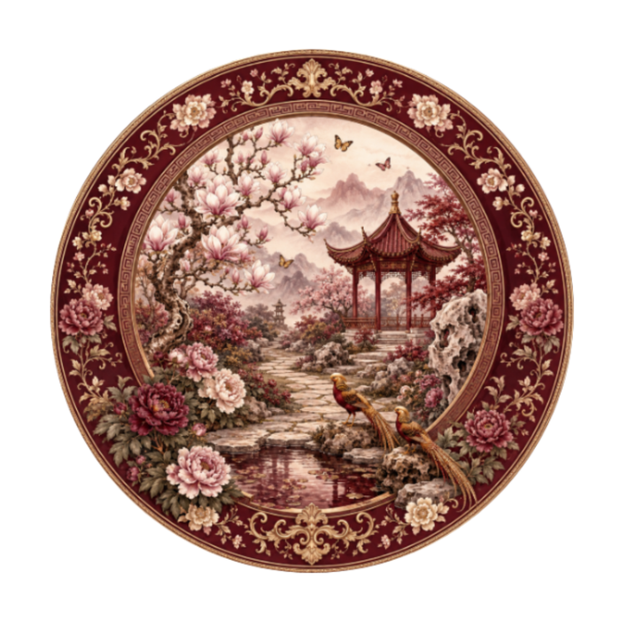 10" Maroon Chinoiserie Garden Sign, Metal Wreath Sign, Home Decor