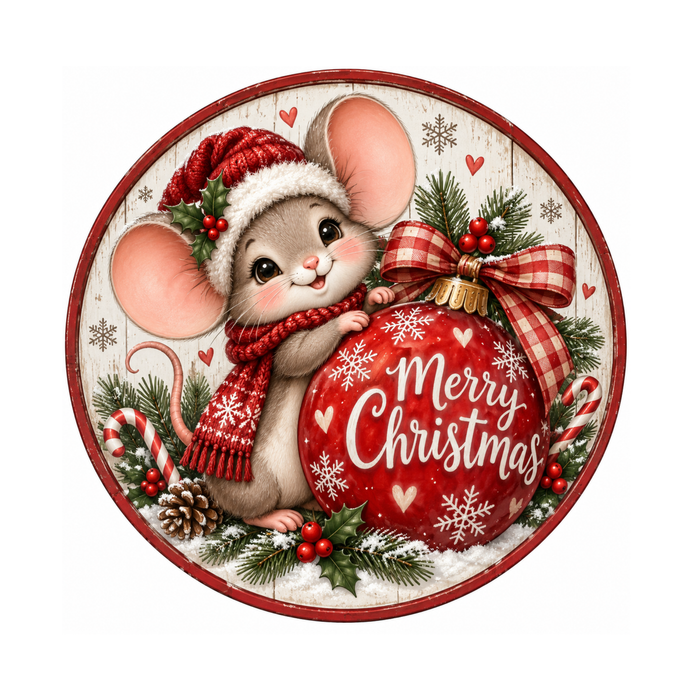 10" Mouse Ornament Christmas Sign, Metal Wreath Sign,  Christmas Wreath Sign