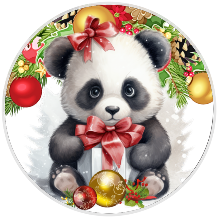 10” Panda Bear Christmas  Wreath Sign, Home Decor, Aluminum, The Ritzy Cactus